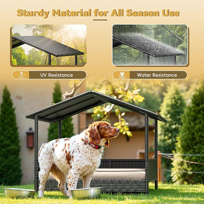 Greesum Wicker Dog House for Small/Medium Dogs, Outdoor Indoor Elevated Dog Shelter Dog Bed with Cushion, for Deck, Patio, Yard, Pool, Black House