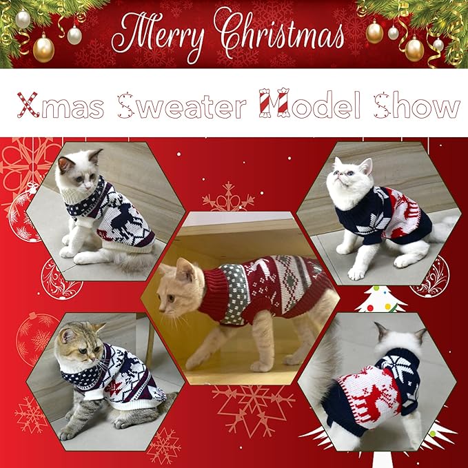 3Pcs Christmas Dog Sweater Costume Xmas Cat Knitwear Clothes Navy Blue White and Christmas Red Sweaters with Reindeers Snowflakes Pattern for Kitten Cat Puppy Dog XS