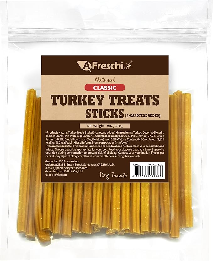 Afreschi Turkey β-Carotene Stick Dog Treats – 6 oz, USA-Sourced, All-Natural, Hypoallergenic, Low-Fat, Healthy & Easily Digestible, Puppy & Training Snack