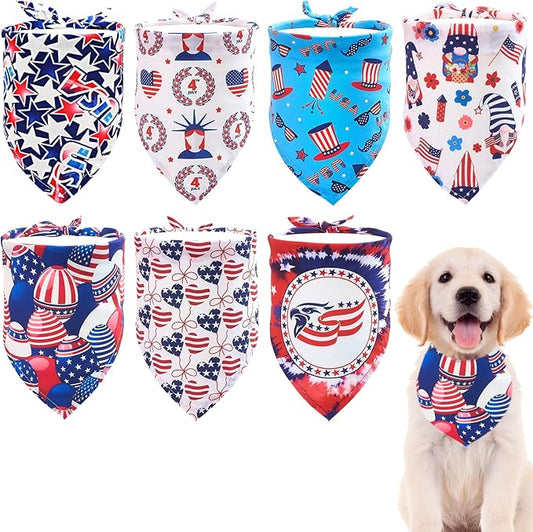 4th of July Dog Bandanas for Small Dogs Adjustable Patriotic Dogs Bandanas 7 Pcs Independence Day Flag Day Scarves Medium Puppy Cats Grooming M