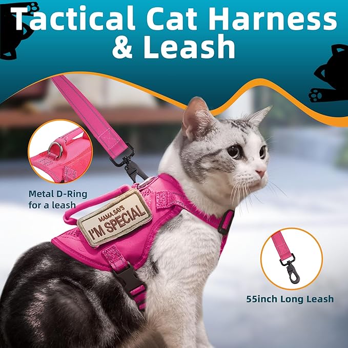Tactical Cat Harness and Leash Pink for Walking Esacpe Proof, Adjustable Soft Mesh Large Cat Vest with Handle Easy to Control,Molle Patches XL
