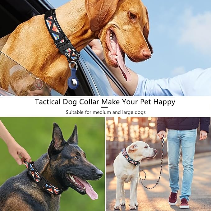 DAGANXI Tactical Dog Collar, Adjustable Military Training Nylon Dog Collar with Control Handle and Heavy Metal Buckle for Medium and Large Dogs, with Patches & Airtags Case (M, Colorful Triangle-Set)