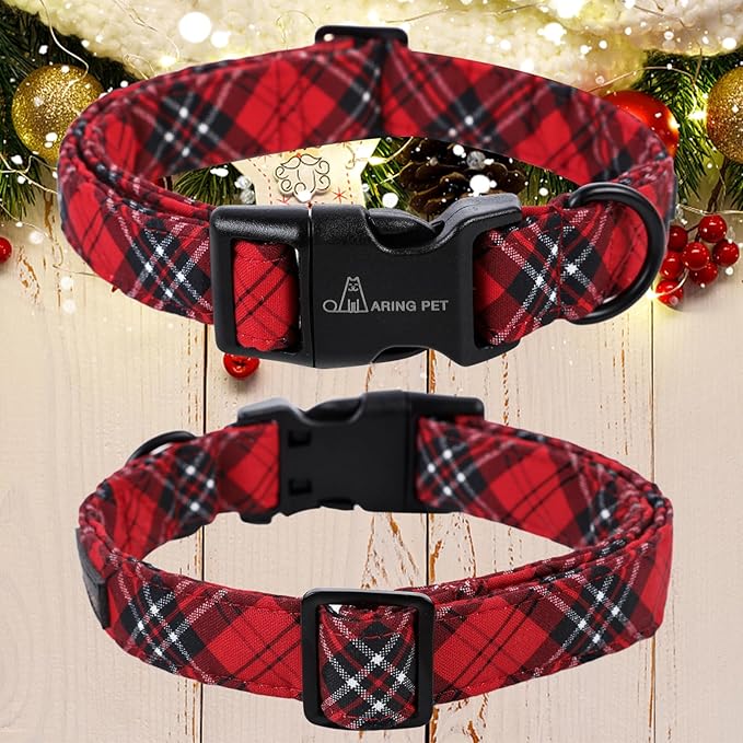 ARING PET Christmas Dog Collar-Cotton Lightweight Dog Collars, Adjustable Red Plaid Christmas Pet Collars Puppy Collar with Quick Release Buckle