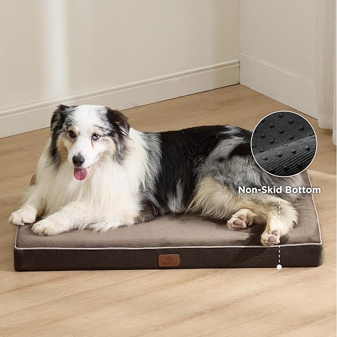 Bedsure Memory Foam Dog Bed Large Sized Dog - Orthopedic Waterproof Pet Beds for Crate with Removable Washable Water-Resistant Cover and Nonskid Bottom, Plush Flannel Fleece Top Pet Mat, Brown