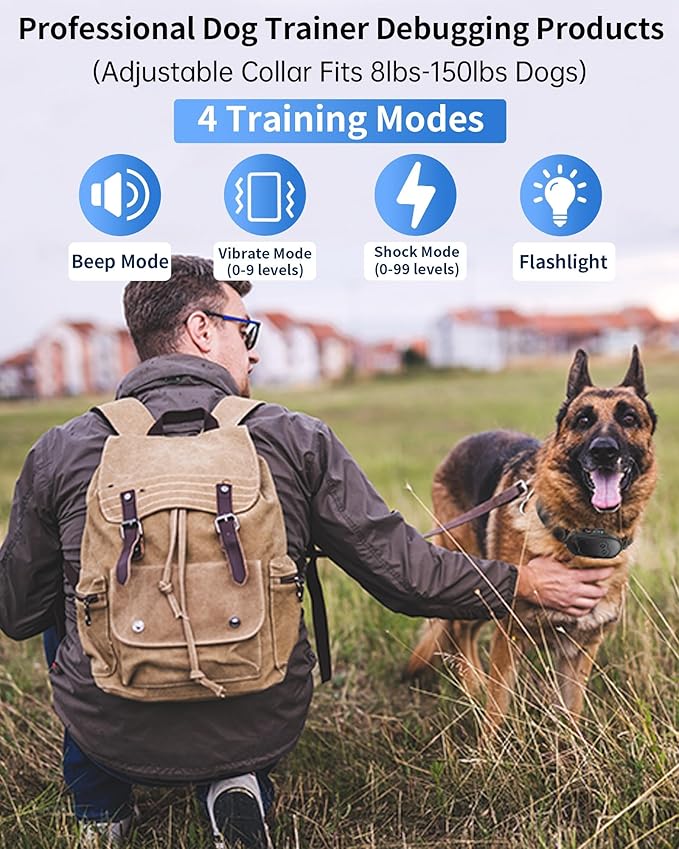 Dog Shock Collar with Remote Control - Rechargeable Dog Training Collar, IPX7 Waterproof E Collar for Dogs with 4 Safe Modes Flashlight Beep Vibration Shock Ideal for All Dog Sizes (8-150lbs) Gry