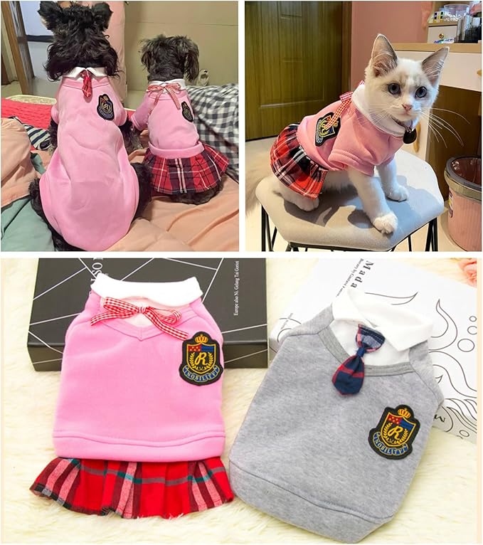Pet Uniform School Skirts Sailor Costume Dog Campus Clothes Teddy Cute Bowtie Adorable Puppy Apparel (Small,Pink Shirt)