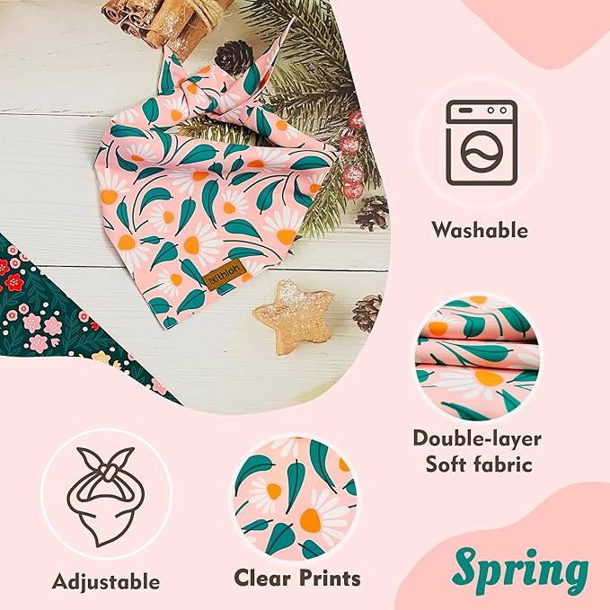 Spring Dog Bandanas - 2 Pack Floral Dog Scarf for Boy & Girl, Premium Durable Fabric, Adjustable Fit, Gift for Dogs, Daisy Bandana for Medium and Large Dogs (Large)