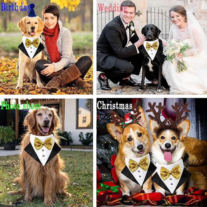 Tuxedo Costume Wedding Bandana Nylon Collar Suit With Gold Bow Tie Adjustable Black Tux Formal Dog Clothes for Small Medium Large Pet Birthday Christmas Dress Outfits
