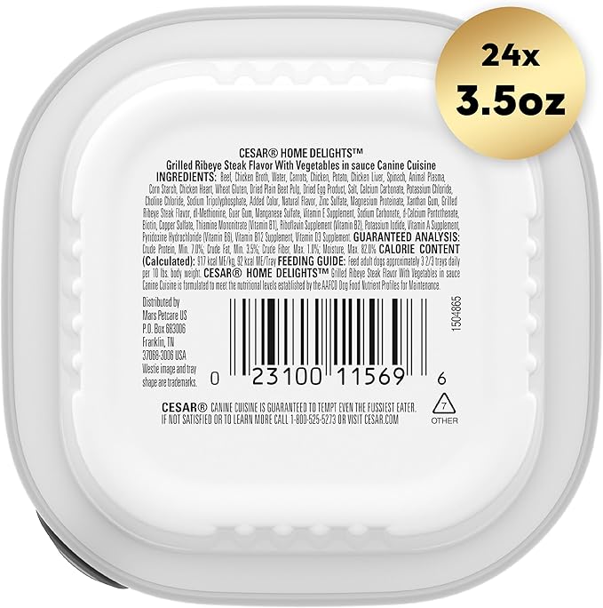 Cesar Home Delights Adult Wet Dog Food Grilled Ribeye Steak Flavor with Vegetables in Sauce, 3.5 oz. Easy Peel Trays, Pack of 24