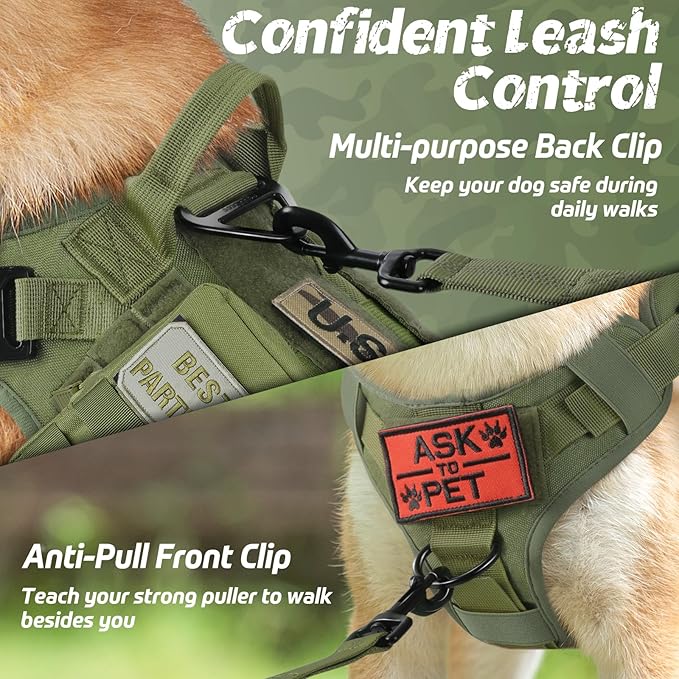 rabbitgoo Tactical Dog Harness for Large, Heavy Duty Pet Harness with Handle, No-Pull Service Vest Large Breed, Adjustable Military Dog Vest for Training Hunting Walking, Green, L