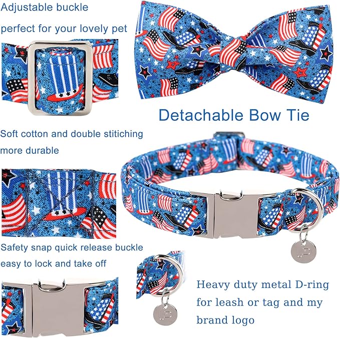 Patriotic Dog Collar with Bow Tie, 4th of July Bowtie Dog Collar, American Flag Collar for X-Large Boy Girl Dog, Comfortable Summer Bowtie Collar with Metal Buckle, XL