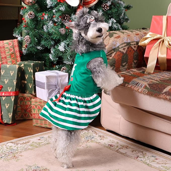 CuteBone Elf Dog Dresses Velvet Holiday Small Dogs Clothes Onesie Pet Apparel Girl Puppy Skirt with Bow Hair Rope CVA55L-D