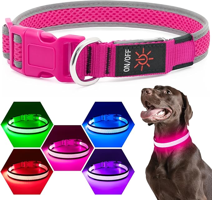Flashseen LED Dog Collar, USB Rechargeable Light Up Dog Collar Lights, Adjustable Comfortable Soft Mesh Safety Dog Collar for Small, Medium, Large Dogs(Medium, Candy Pink)