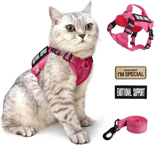 Tactical Cat Harness and Leash Pink for Walking Esacpe Proof, Adjustable Soft Mesh Large Cat Vest with Handle Easy to Control,Molle Patches XL