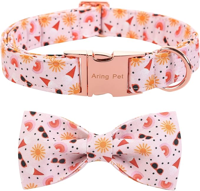 ARING PET Summer Dog Collar-Adorable Dog Collar with Bow, Adjustable Cotton Sun Bowtie Dog Collars Pet Collars with Metal Buckle