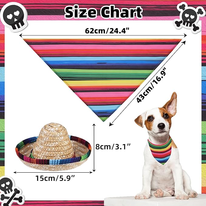 PUPTECK Mexican Day of The Dead Dog Bandana Outfit Scarf with Cute Doggy Sombrero Hat, Costume Decorations Supplies for Small Medium Large Dogs Boy Girl Gifts, Colorful