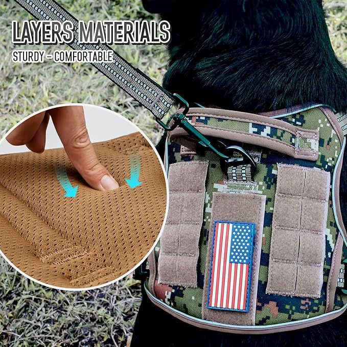 Tactical Dog Harness for Medium Large Dogs, Heavy Duty Dog Harness with ID Card, Reflective Hiking Harness for Training Easy Control Dog Vest with Handle Woodland Camo