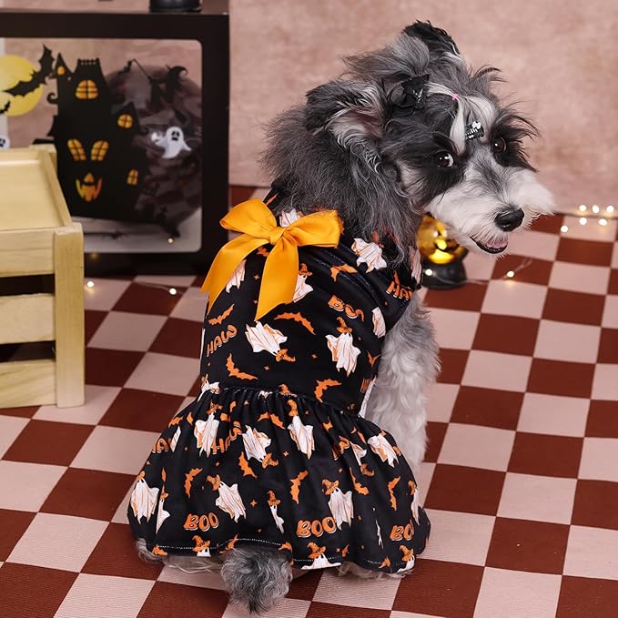 CuteBone Turtleneck Dog Velvet Dress Halloween Puppy Skirt Costume Pet Clothes Cat Apparel with Bow Hair Rope for Small Dogs CVD17S