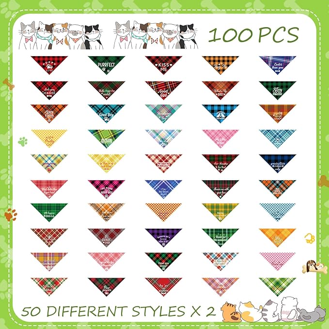 Sweetude 100 Pcs Plaid Dog Bandanas Bulk Paw Print Dog Scarf Bibs Puppy Pet Bandanas with Captions Adjustable Cat Outfit Washable Triangle Scarf Kerchief for Small to Medium