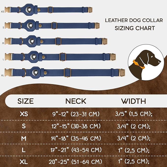 AirTag Dog Collar - Genuine Leather Dog Collar with Apple AirTag Holder and Metal Buckle - Smart GPS Tracking Pet Collars for Small Medium Large Dogs Puppy (Smoky Blue, XS, 9"-12" Neck Fit)