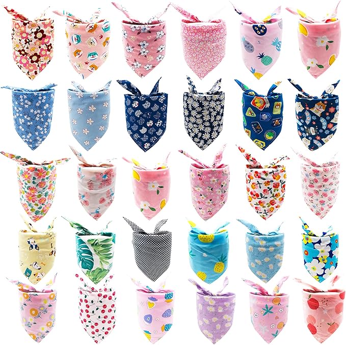 100PCS Small Dogs Bandanas Bulk Pet Summer Bandanas Pack Cat Kerchief Washable Triangle Bibs Head Scarves Scarfs Random Patterns for Boys and Girls Medium Puppies Grooming Accessories Costume