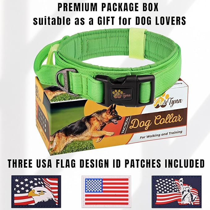ADITYNA Tactical Dog Collar for Large Dogs - Soft Padded, Heavy Duty, Service, Adjustable Military K9 Green Collar with Handle for Training and Walking