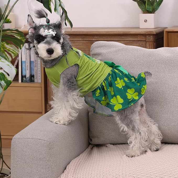 CuteBone Dog Mesh Dress St.Patrick's Day Puppy Sundress Pet Outfit Summer Fashion for Small Dogs Girl Cat Clothes BF42XS-D