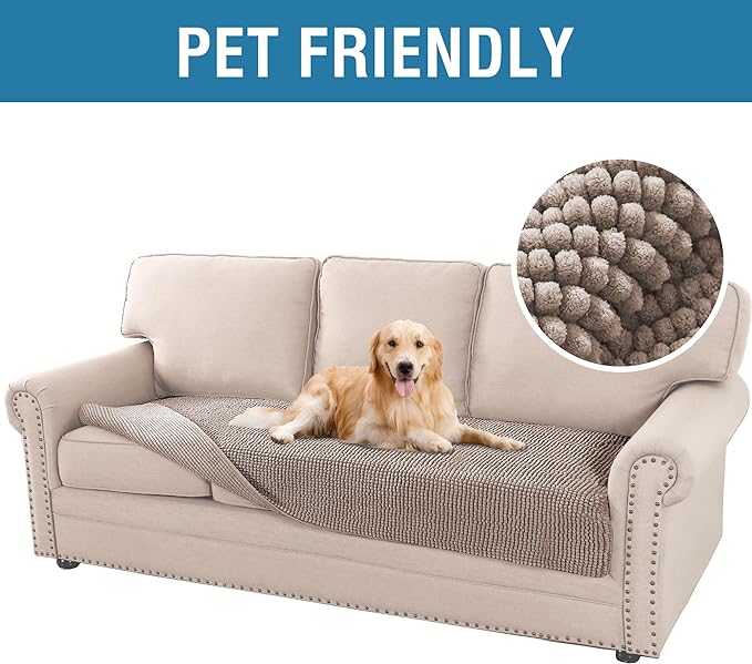 H.VERSAILTEX Plush Chenille Dog Bed Cover Thick Soft Sofa Cover for 3 Cushion Couch Anti Slip Couch Cover Furniture Protector for Dog, Pet, Cat (35" x 82", Cuban Sand)