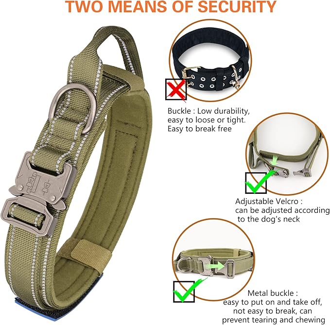 KCUCOP Tactical Dog Collar, Heavy Duty Dog Collar with Handle and Metal Buckle, Military Thick Dog Collars for Medium and Large Dogs(Green-Reflective Set-XL, 1 Patch)
