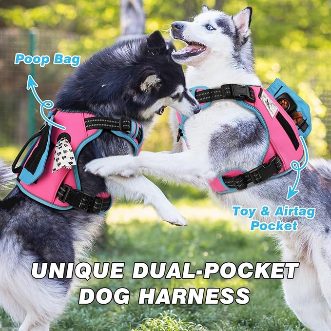 WINGOIN Tactical Dog Harness for Large Dogs, No Pull Harness with Handle Pockets Poop Bag, Reflective Dog Vest, Military Service Heavy Duty Big Dog Harness for Walking Hiking Training, Pink Blue, L