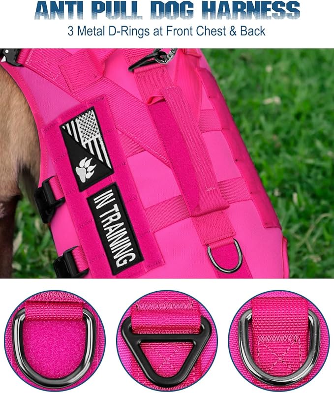 Tactical Dog Harness - PETNANNY Dog Harness Service Dog Vest for Large Breed Dog, Hook and Loop Panel for Service Dog Patchs, Work Dog MOLLE Vest with Handle for Walking Hiking Training(Pink,L)