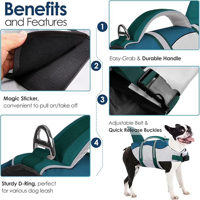 AOFITEE Dog Life Vest, Dog Life Jacket Shark, Reflective Puppy Safety Vest with Superior Buoyancy and Rescue Handle, Adjustable Dogs Swimsuit Float Coat for Small Medium Large Dogs, XS