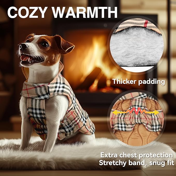 VIVAGLORY SoftJoy Dog Winter Coat - British Style Plaid Jacket Vest Apparel for Cold Weather - Heavy Duty Snow Warm Cozy Reversible Outdoor Accessories - S Khaki