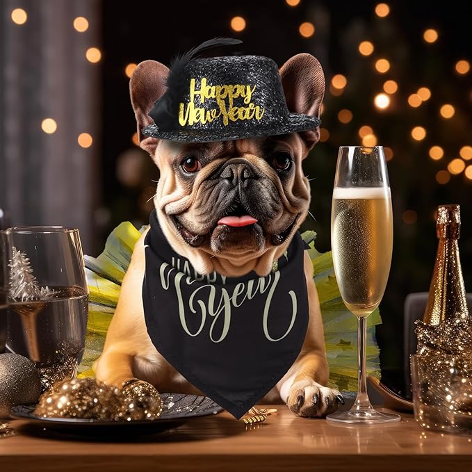 Suhine 3 Pieces Happy New Year Costume Dog Outfit Accessories Includes Pet Hat, Triangle Dog Bandana and Tulle Tutu Skirt for Medium Large Pets New Year Costume Supplies