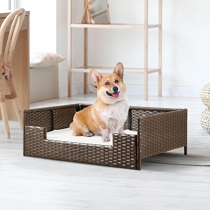 YITAHOME Rattan Dog Sofa Bed with Cushion,Wicker Pet Bed Sofa Couch Indoor Outdoor Water Resistant for Large Medium Small Dogs Cats (24.8''L*19.7''W*9.8'',Beige)