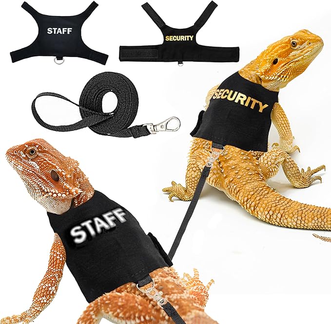 Premium 2Pack Bearded Dragon Leash and Harness Set-Costume and Clothes for Lizard-Adjustable Bearded Dragon Harness for Secure Walks-Fun Staff and Security Designs