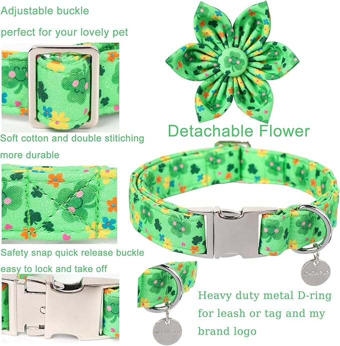 St. Patrick's Dog Collar with Flower, Cotton St. Patrick's Flower Collar for Girl Boy Dog, Lucky Shamrock Dog Collar with Metal Buckle, Green, Spring, M