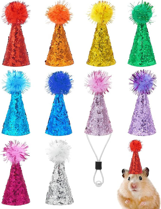 PET SHOW 10 Pack Hamster Hats Tiny Hats for Snakes Hedgehog Lizard Reptile Mini Animal Figure Hats with Tinsel Pom Adjustable Headband Guinea Pig Chicken Bird Small Pet Birthday Party Accessories