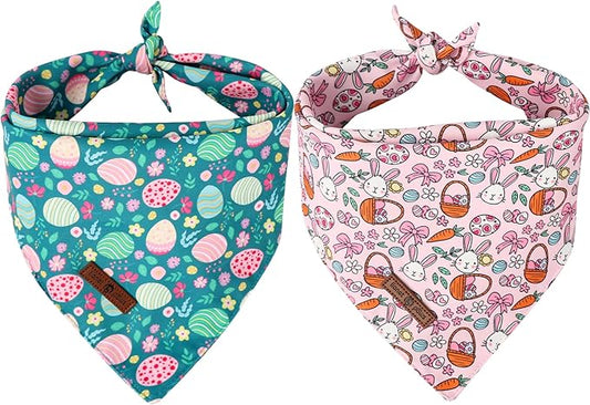 Lionet Paws Easter 2pcs Dog Bandanas, Pink Cute Rabbit Egss Dog Scarf Bib Premium Fabric, Happy Easter Green Bandanas for Medium Large Dogs Pets