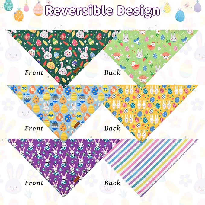Vehomy 3-Pack Easter Dog Bandana Reversible Dog Bandanas Easter Egg Dog Bandanas Bunny Dog Scarfs Cat Triangular Bibs Easter Rabbit Pet Bandanas Scarves for Small Medium Large Dogs XL
