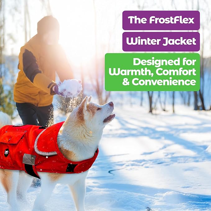 Joyride Harness FrostFlex Dog Winter Jacket - Fleece Lined & Water-Resistant - Snowsuit with Pockets for Treats & Poop Bags - Durable Cold Weather Dog Coat - Red Rush-XXL