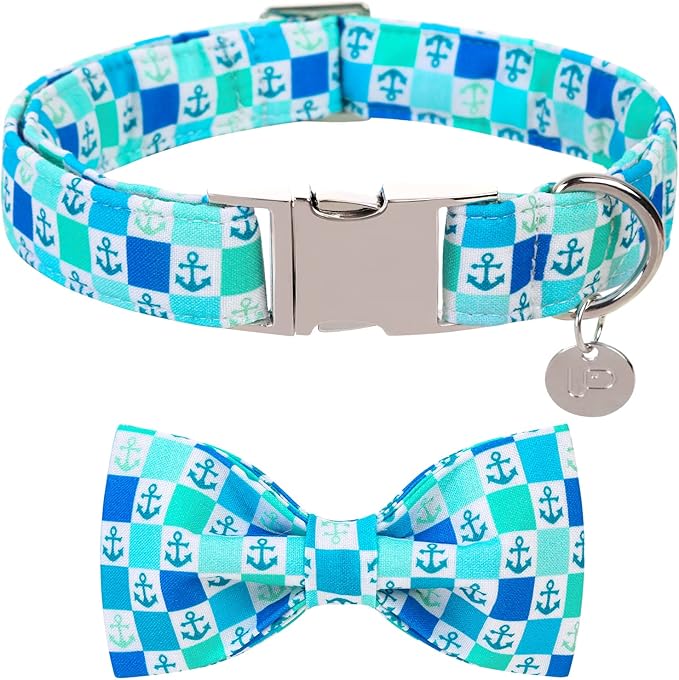 Dog Collar with Bow Tie, Comfortable Cotton Summer Dog Bowtie Collar, Durable Metal Buckle Cute Pet Collar for Medium Girl Boy Dog, M