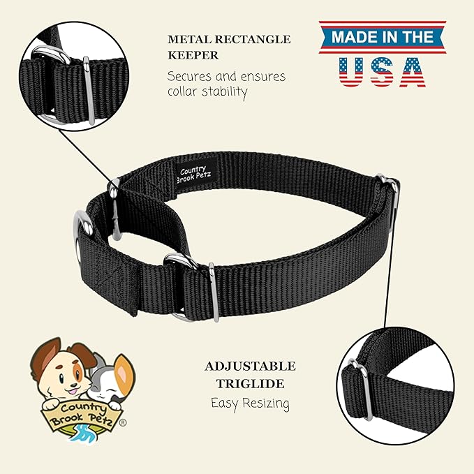 Country Brook Petz Martingale Dog Collar - Heavy-Duty Training Collar with No Buckle - Service Dog Collar for All Pups - Vibrant, Colorful Collection (Black, 5/8 Inch, Extra Small)