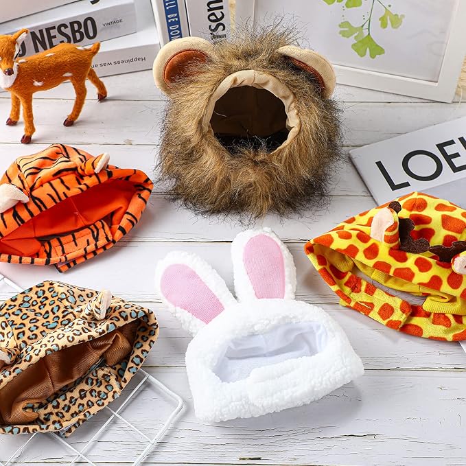 Weewooday 5 Pcs Cat Adorable Costume Bunny Hat with Ears Funny Mane Cat Hat for Pets and Small Dogs Kitten Puppy Party Costume Accessory Headwear(Rabbit, Lion, Leopard, Tiger, Giraffe)