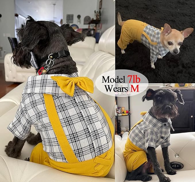 Dog Shirts Clothes Striped Onesies, Pet Plaid Overalls Apparel, Puppy Costumes Classic Black and White Jumpsuit with Bowtie for Small Medium Dogs Cats Boy Girl Wedding/Party (X-Small, Yellow)