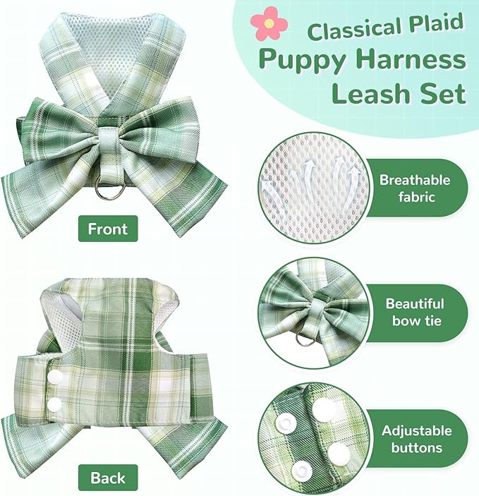 Cute Dog Harness and Leash Set with Bow Tie Soft Mesh Plaid Girl Puppy Harness No Pull Pet Cat Dog Vest Harness for Small Dogs Chihuahua Rabbit Outfit (Green,XXL)