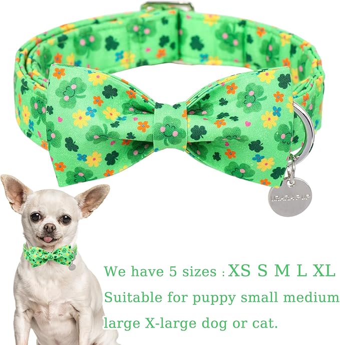 St. Patrick's Dog Collar with Bow Tie, Cotton St. Patrick's Bowtie Collar for Girl Boy Dog, Lucky Shamrock Dog Collar with Metal Buckle, Green, Spring, S
