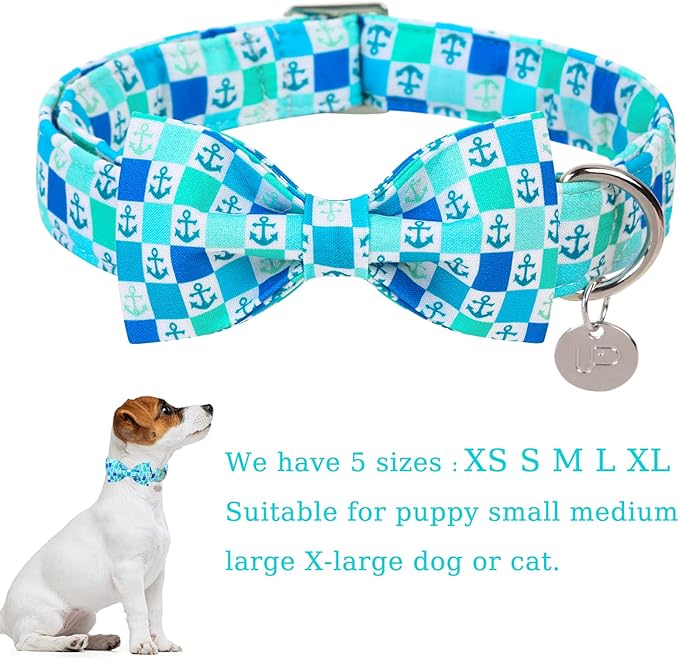 Dog Collar with Bow Tie, Comfortable Cotton Summer Dog Bowtie Collar, Durable Metal Buckle Cute Pet Collar for Medium Girl Boy Dog, M