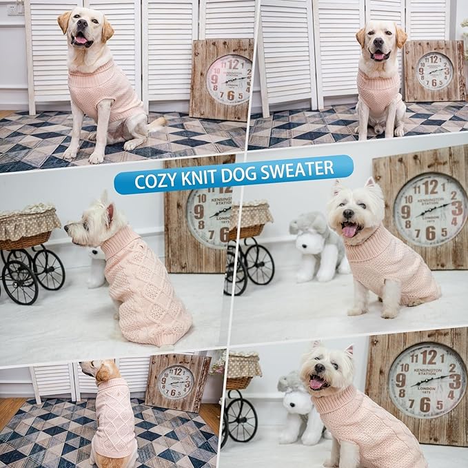 Mihachi Turtleneck Dog Sweater - Winter Coat Apparel Classic Cable Knit Clothes with Leash Hole for Cold Weather, Ideal Gift for Pet in New Year Rosy Medium/Large