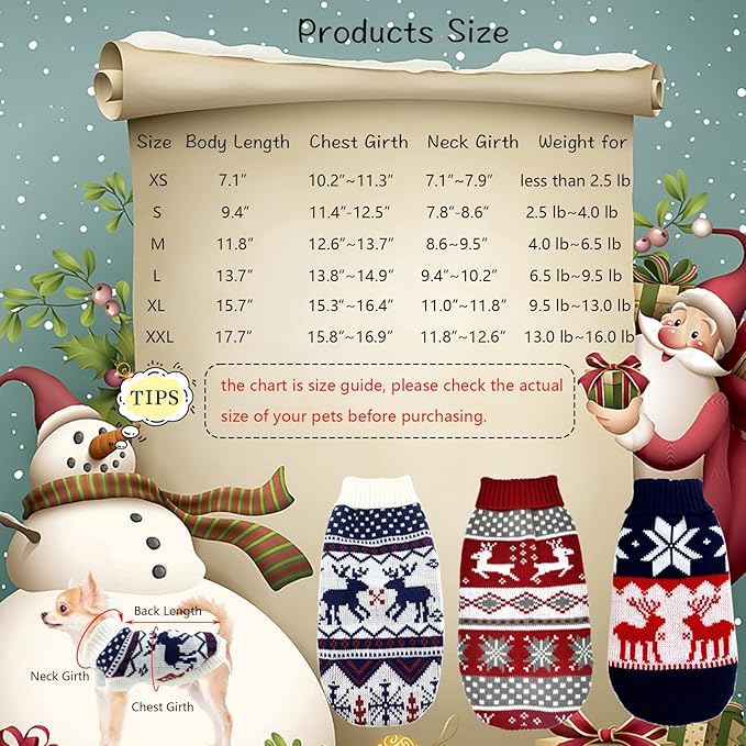 3Pcs Christmas Dog Sweater Costume Xmas Cat Knitwear Clothes Navy Blue White and Christmas Red Sweaters with Reindeers Snowflakes Pattern for Kitten Cat Puppy Dog L